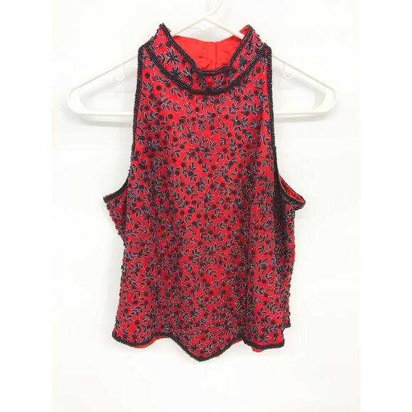 Vtg 90s Papell Boutique Evening Beaded Silk High Collar Blouse Sleeveless Sz PM - Picture 1 of 6